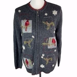 Croft & Barrow Zip Up Cardigan Sweater Cardinal Bird Pine Embroidered Top Size M